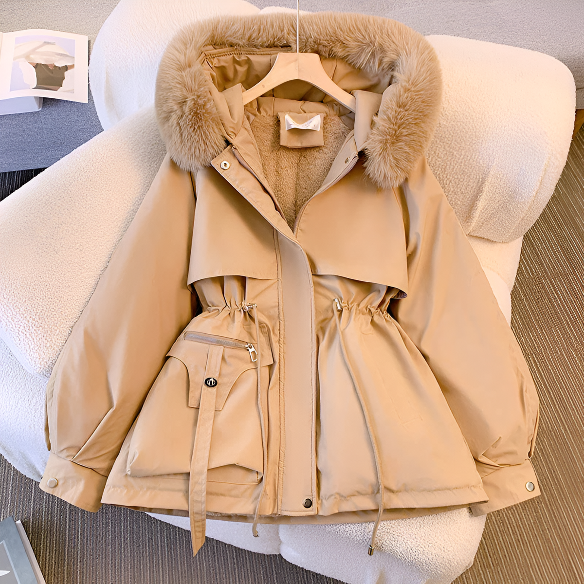 Klasien - Veste d’hiver femme matelassée à capuche fourrée et taille ajustable