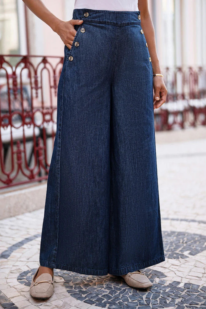 Jeltje - Jean large femme en denim stretch à taille haute et boutons
