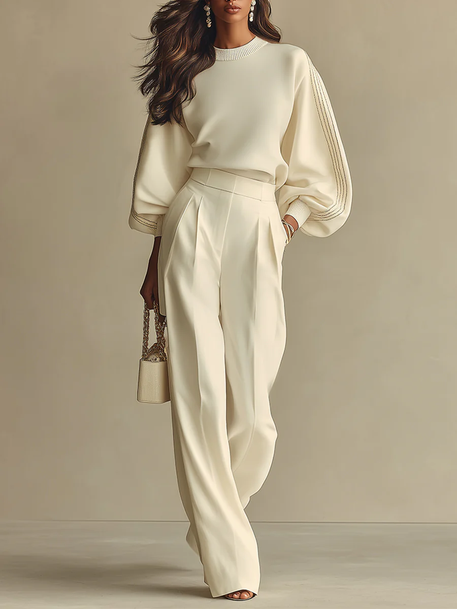 Oliveth™ - Ensemble Femme Élégant Haut Texturé et Pantalon Large Fluide