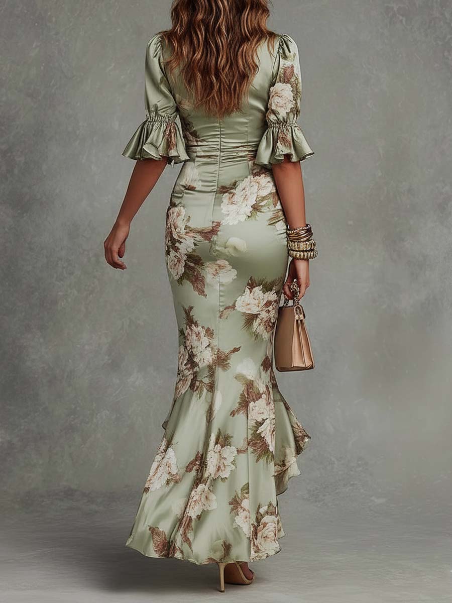 Kaelyn - Robe longue femme satinée à imprimé floral et col V
