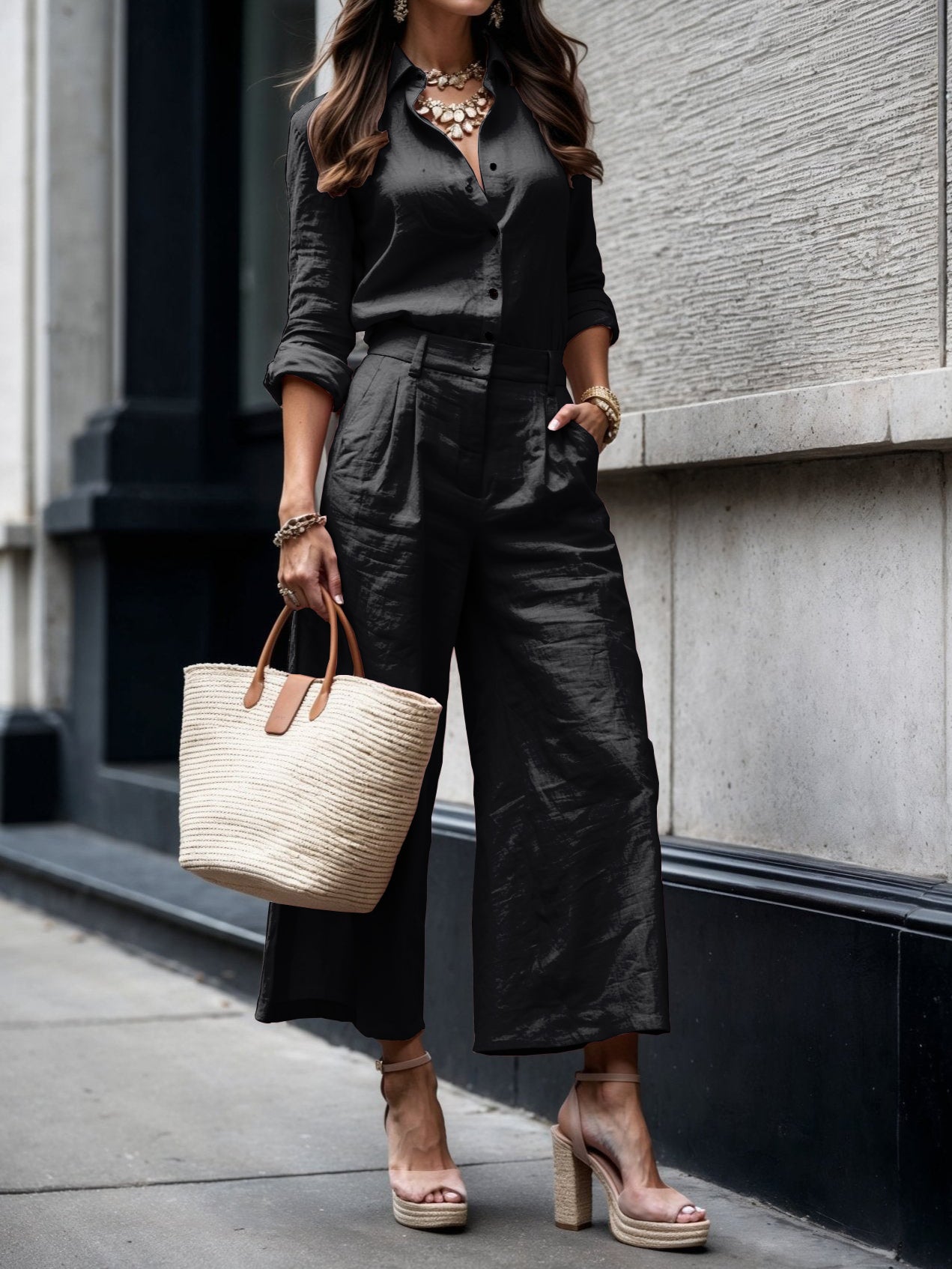 Savina - Ensemble femme en lin avec chemise ample et pantalon large
