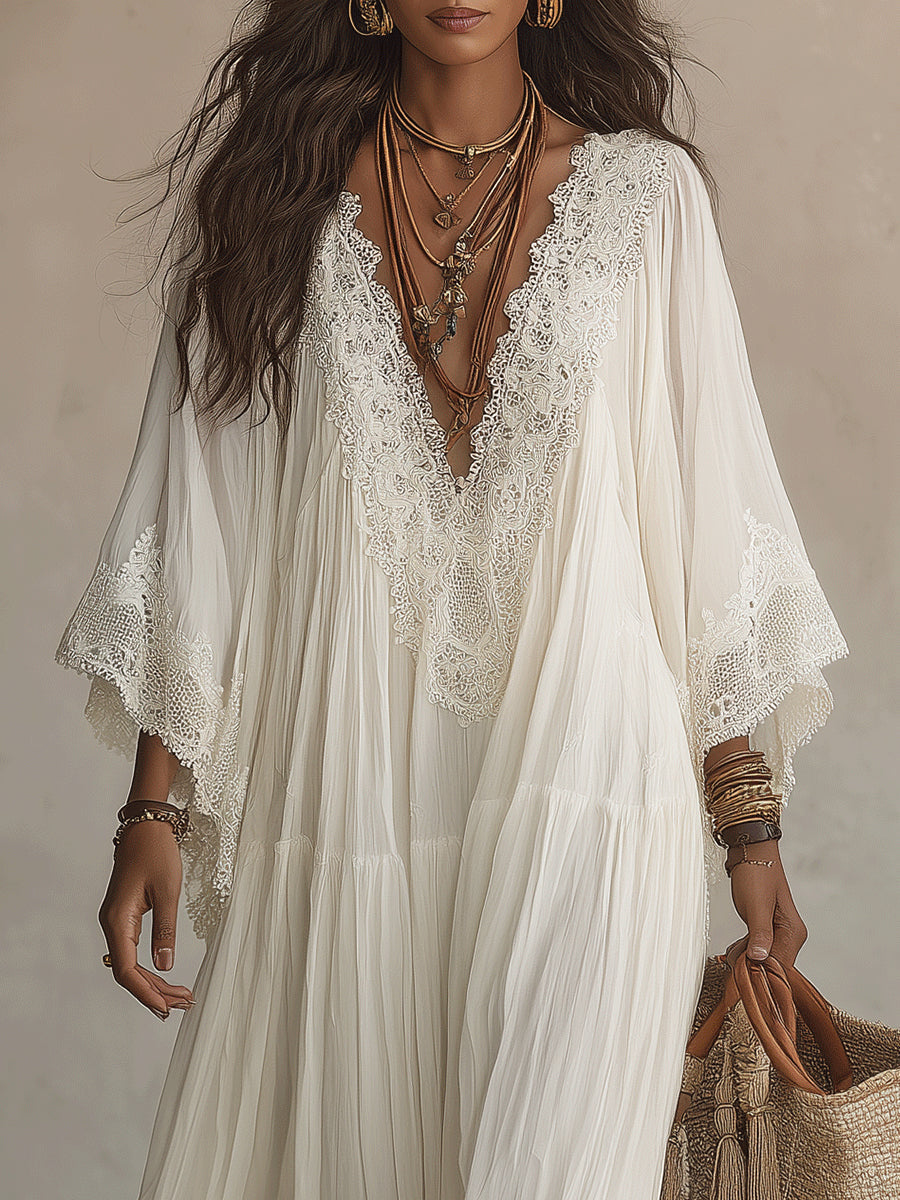 Erynis - Robe longue femme en chiffon ivoire avec dentelle