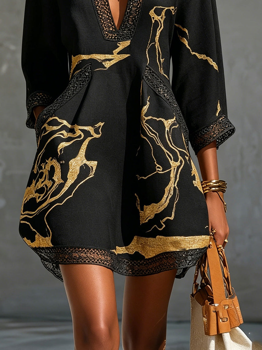 Demira - Mini robe noire femme à imprimé marbre doré