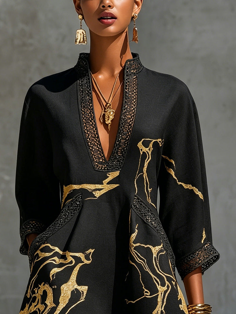 Demira - Mini robe noire femme à imprimé marbre doré