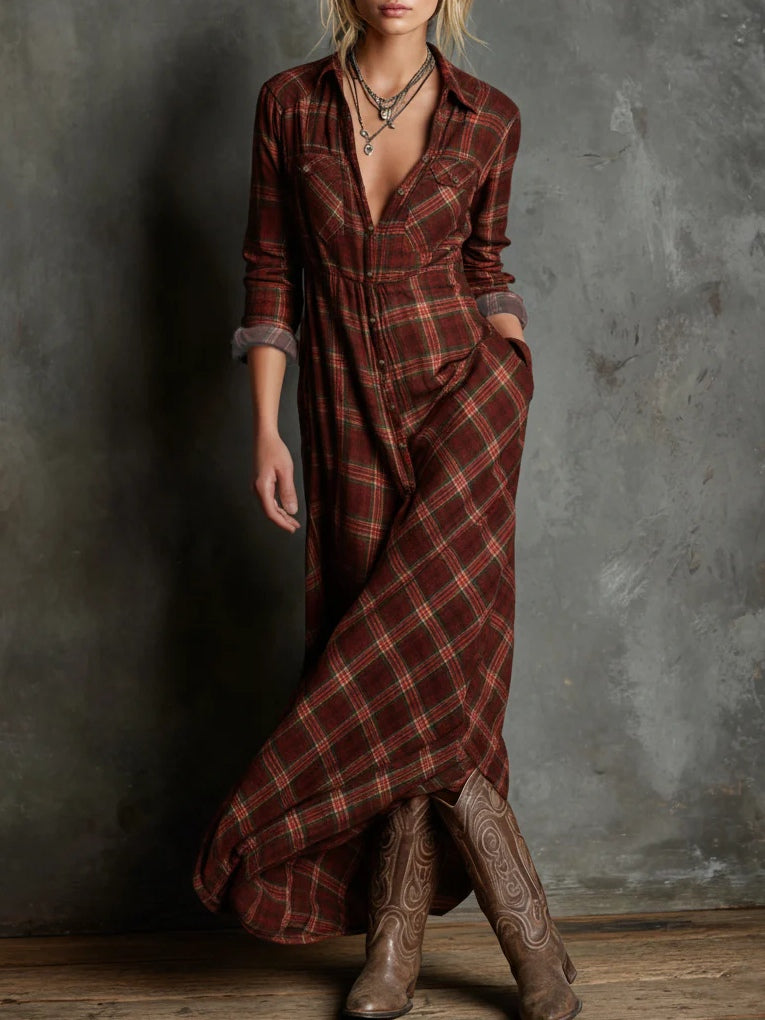Dorrit - Robe chemise longue femme à carreaux boutonnée