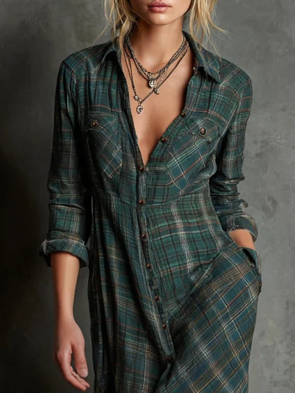 Dorrit - Robe chemise longue femme à carreaux boutonnée