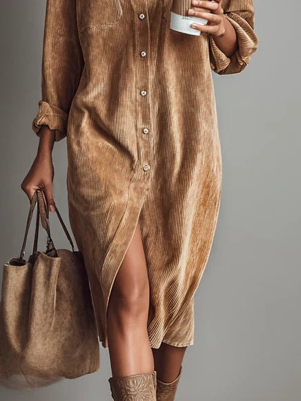 Isolira - Robe Midi Décontractée en Velours Côtelé