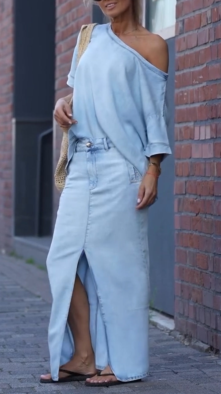 Mireya™ - Ensemble Décontracté Femme en Denim Tencel avec Décolleté Rond