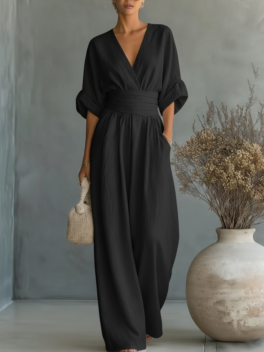 Helyrae™ - Combinaison Femme Col V Taille Marquée Coupe Fluide Élégante