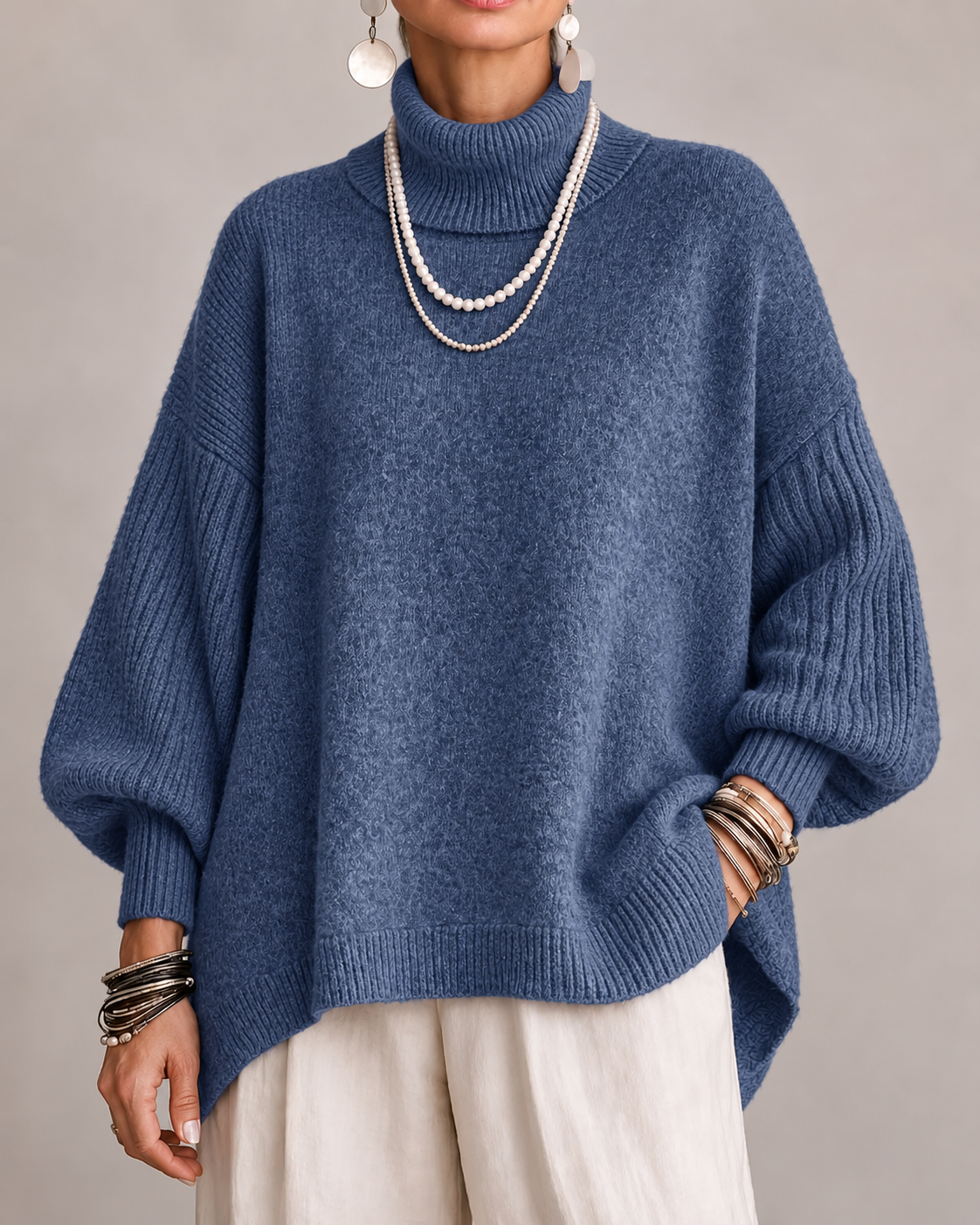 Olympe - Pull col roulé femme oversize à manches côtelées