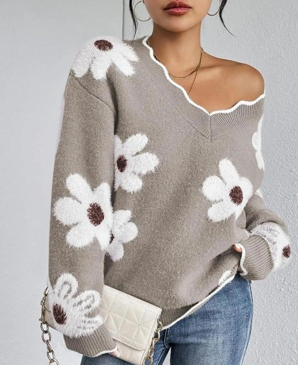 Odette™ - Pull Floral Élégant avec Bordure Festonnée