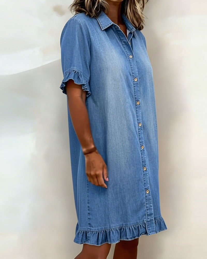 Glytha™ - Robe Femme Denim Boutonnée Manches Volants Coupe Droite Décontractée