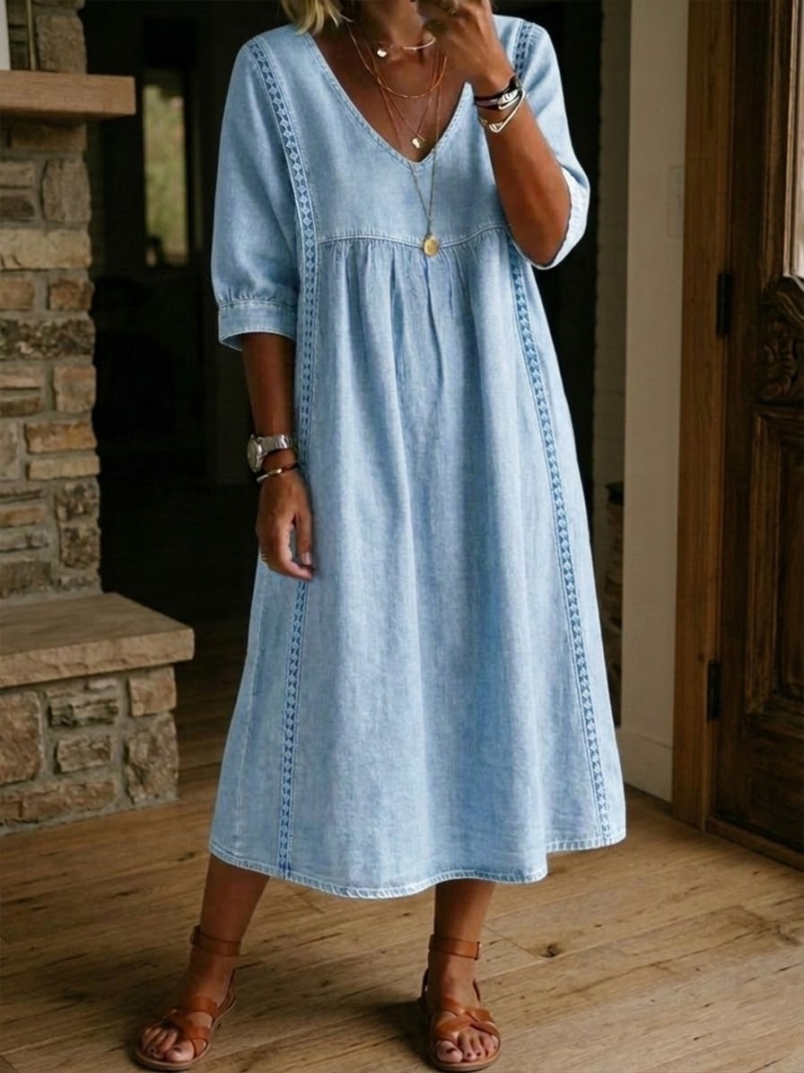 Fyntra™ - Robe femme denim fluide col V dentelle style décontracté élégant