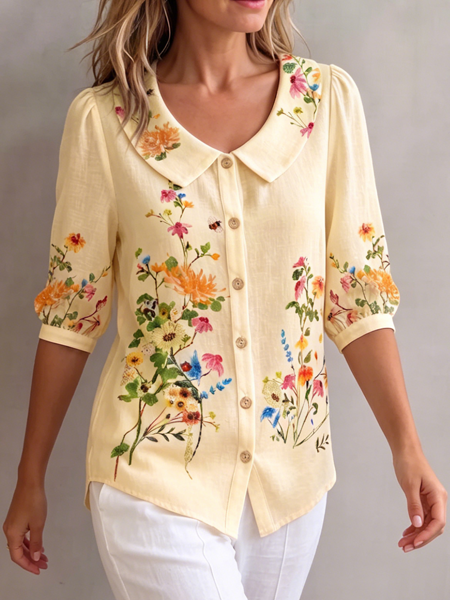 Mavessia™ - Chemise femme coton et lin imprimé floral artistique vintage