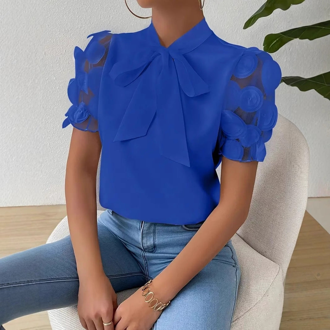 Cirelle™ - Chemisier d'été uni en dentelle avec nœud et manches courtes