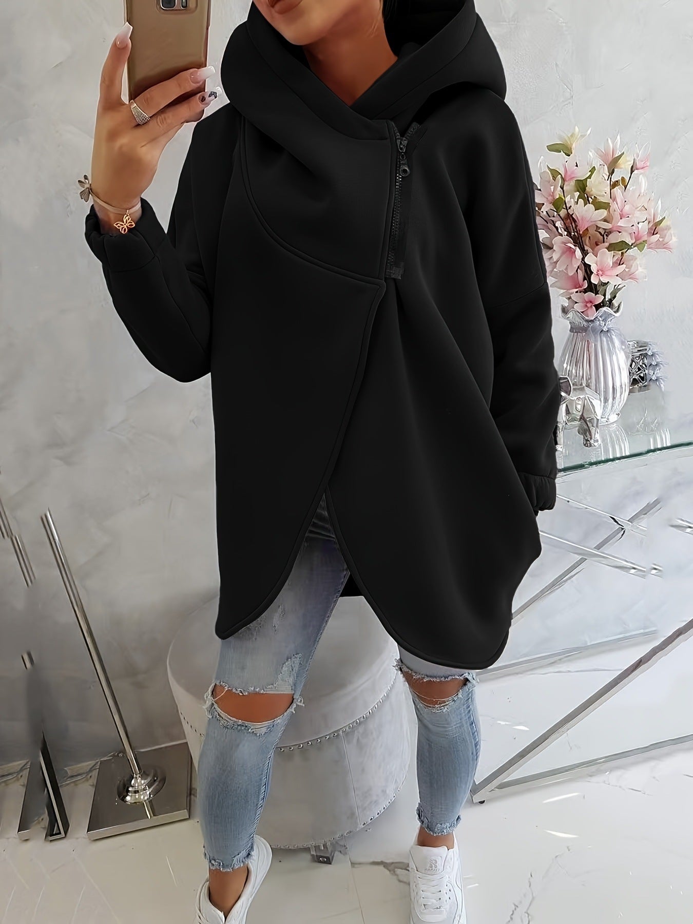 Quenlisse™ - Sweat à capuche zippé pour femme avec poches avant