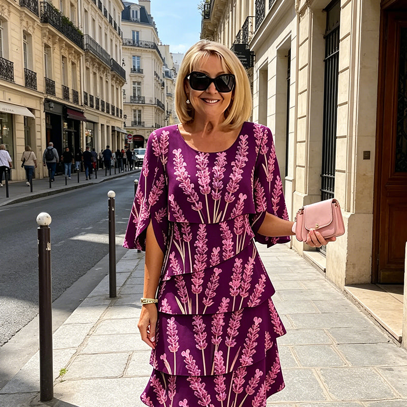 Elyvane™ - Robe femme mi-longue à volants imprimé floral manches fendues