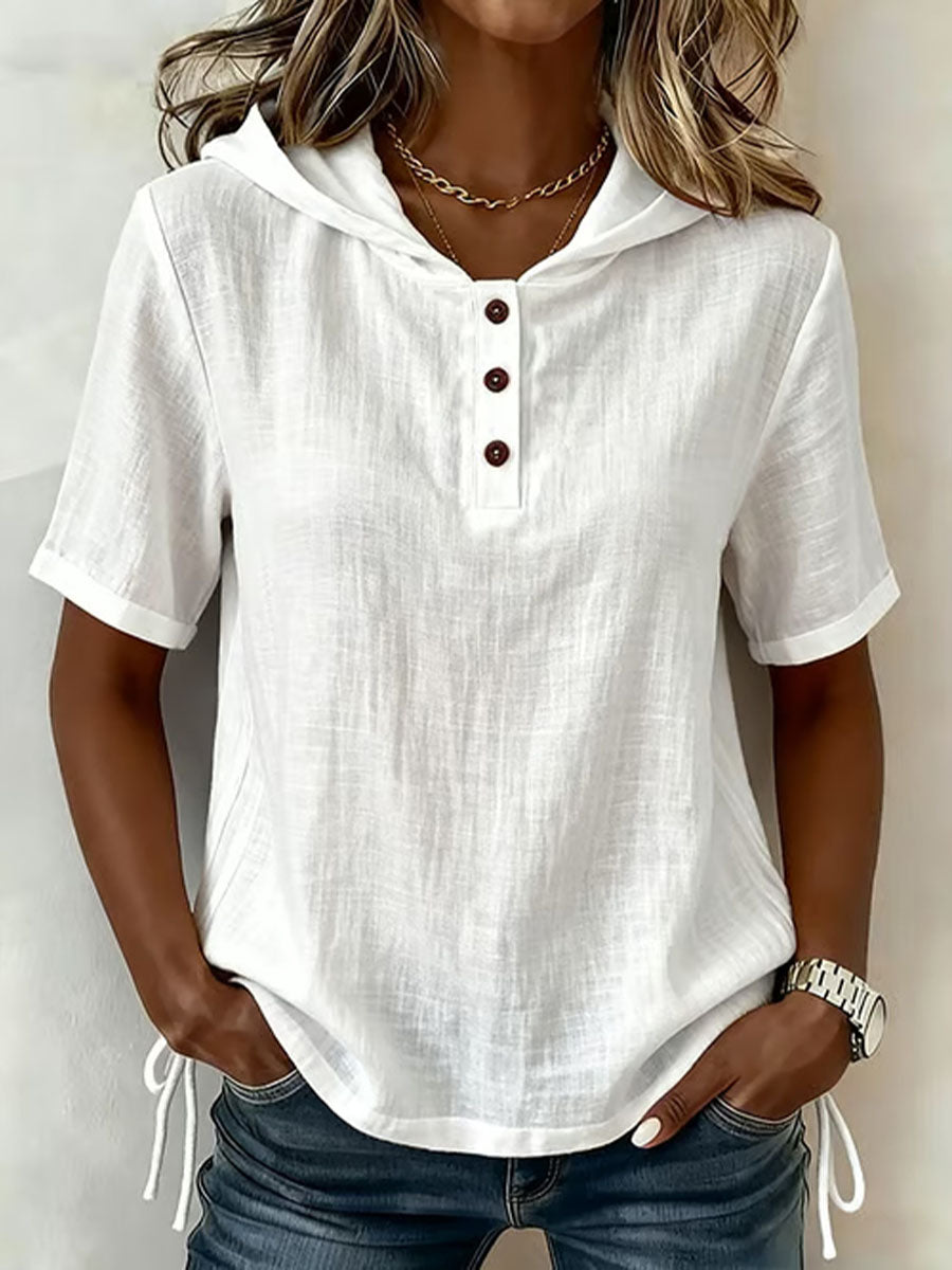 Aevrixa™ - Top femme à capuche fluide manches courtes boutons col ouvert style casual