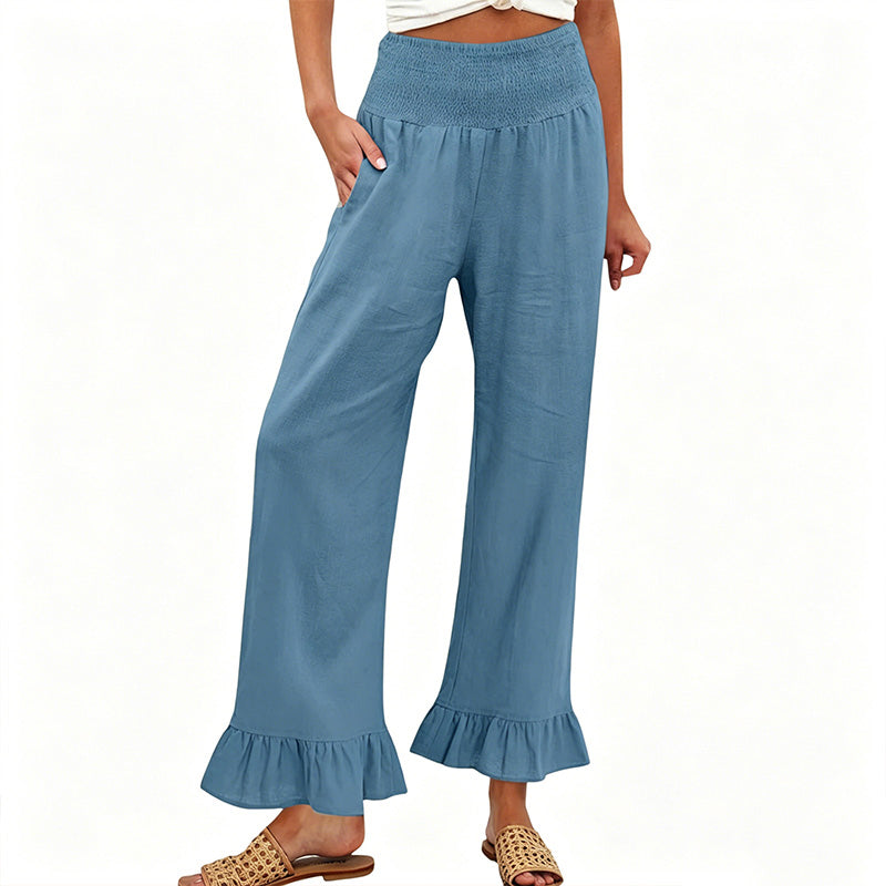 Dorexa™ - Pantalon femme taille haute smockée large coton lin boho
