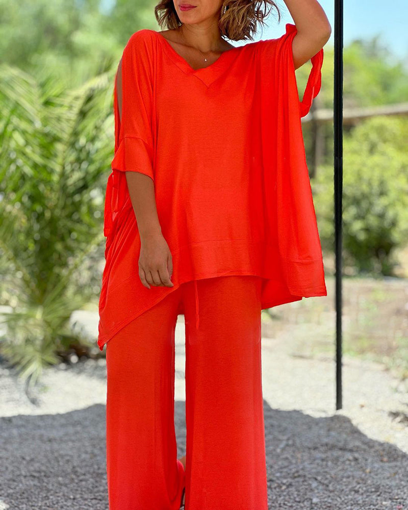 Ginevra™ - Ensemble décontracté deux pièces à décolleté en V et pantalon à jambes larges