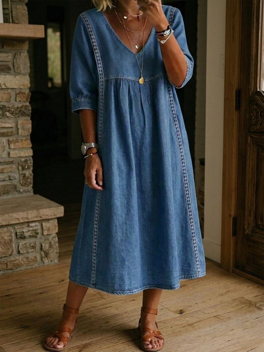 Fyntra™ - Robe femme denim fluide col V dentelle style décontracté élégant
