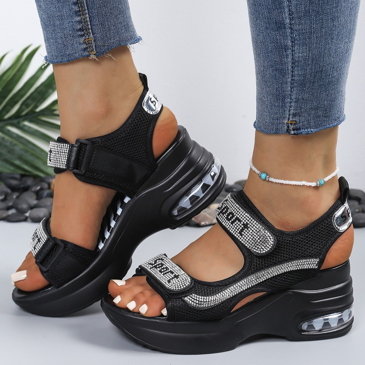 Calyvra™ - Sandales femme plateforme strass velcro semelle air sport