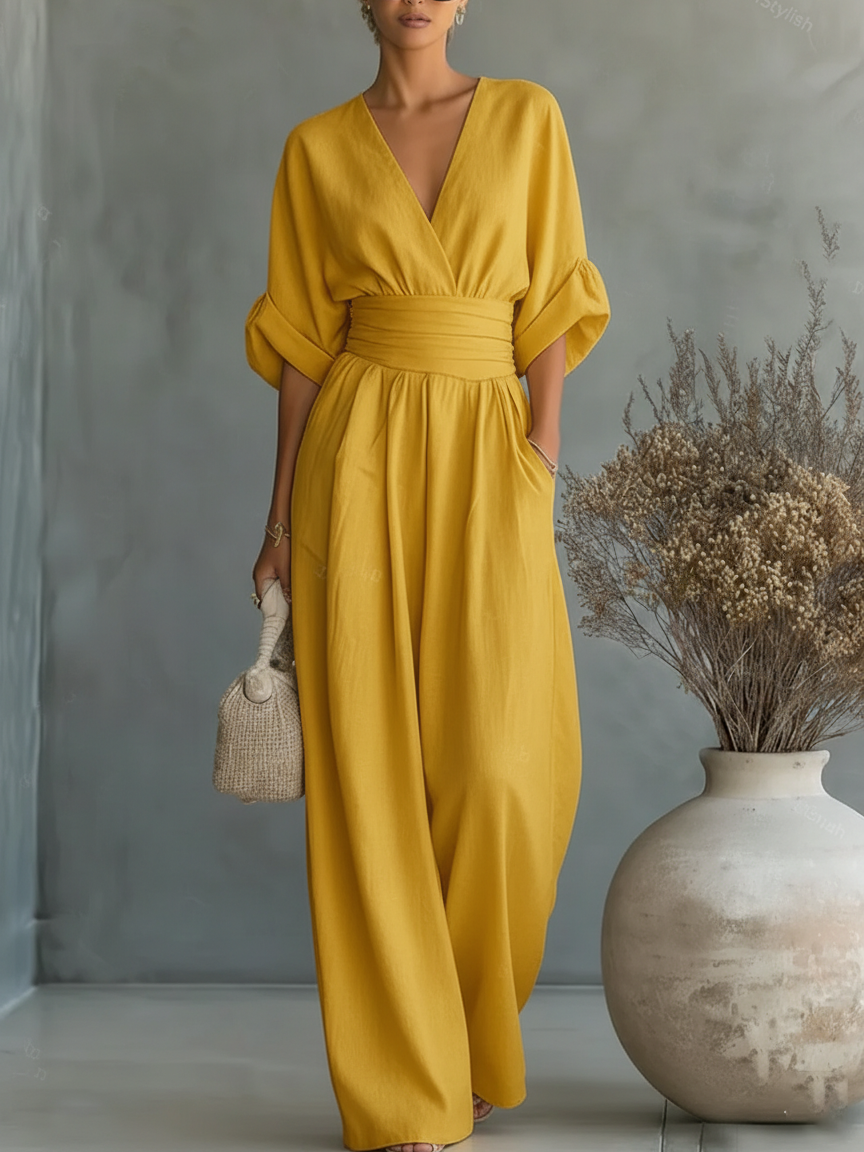 Helyrae™ - Combinaison Femme Col V Taille Marquée Coupe Fluide Élégante