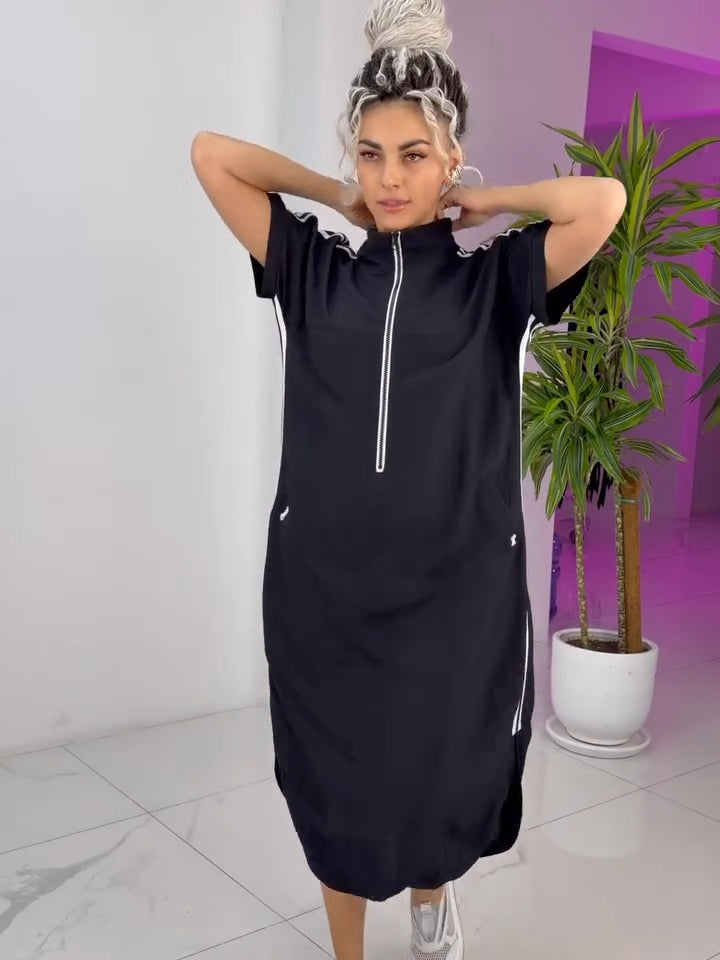 Gavrixa™ - Robe femme longue zippée col montant coupe fluide style sport chic confortable