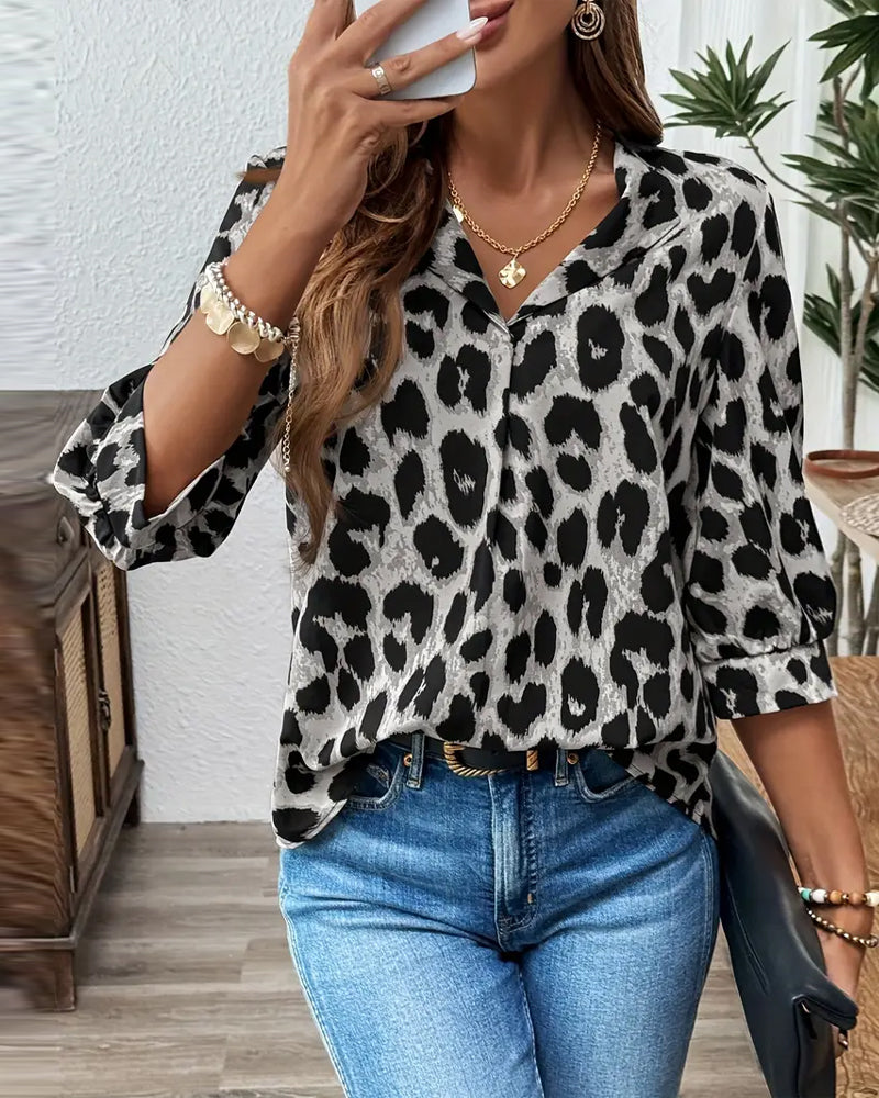 Astoria™ - Blouse à Manches Mi-Longues Imprimé Léopard Large