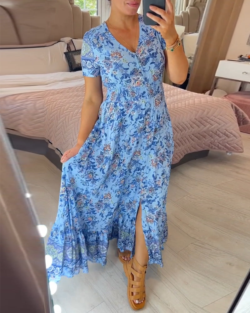 Denise™ - Robe Maxi à Imprimé Floral et Décolleté en V