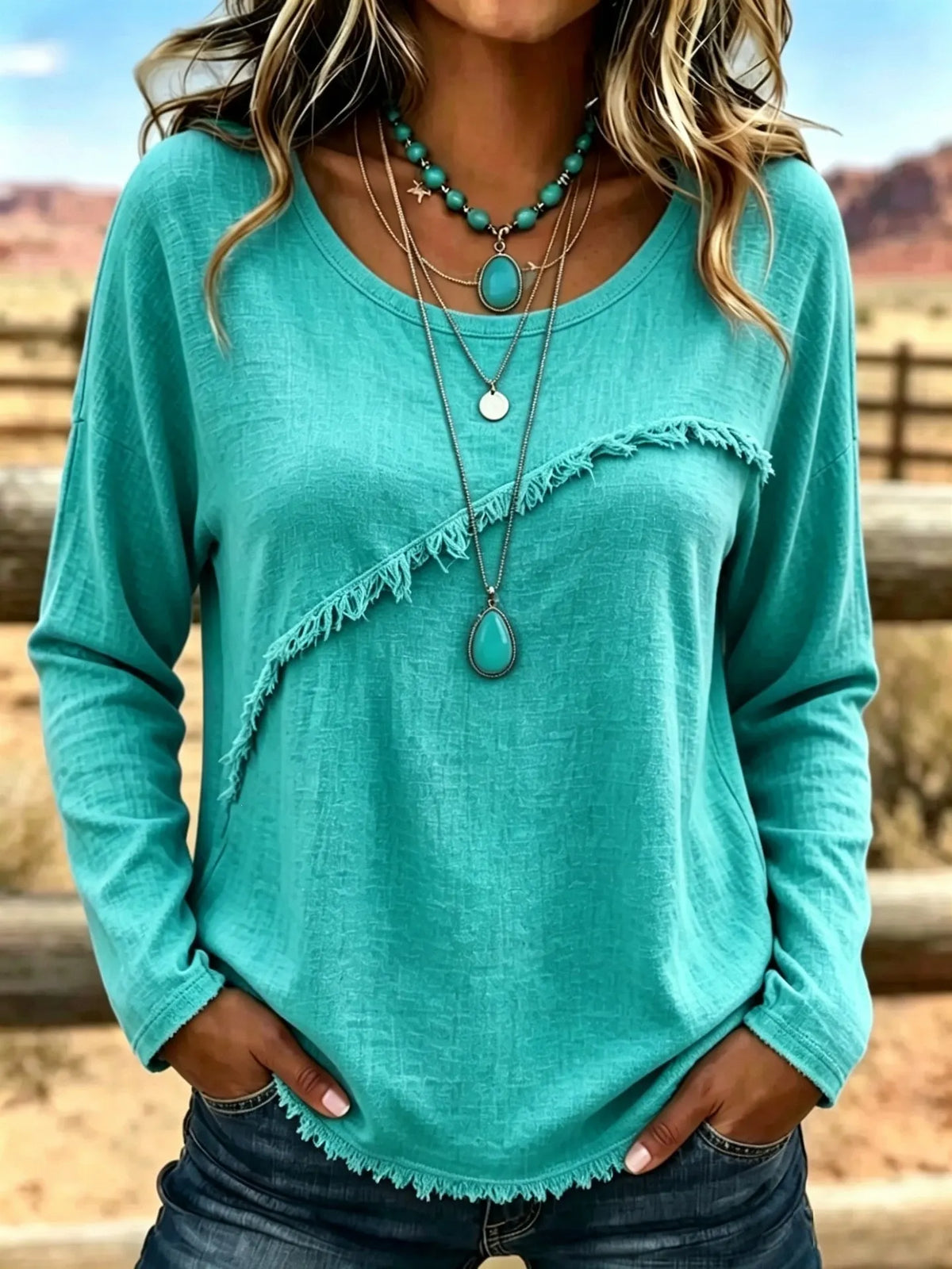 Elsemieke - Blouse femme vintage à col rond avec franges