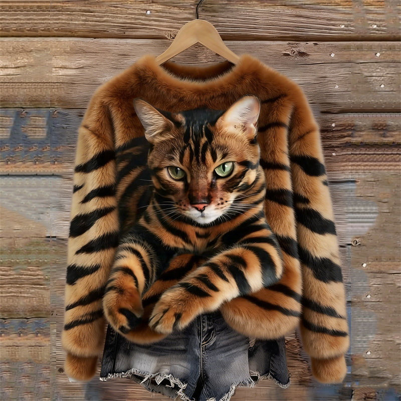 Lunavessine™ - Sweat En Peluche Douillet À Motif Tigre Et Chat Tigré