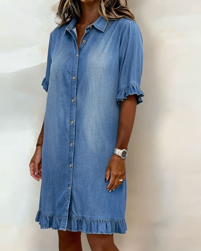 Glytha™ - Robe Femme Denim Boutonnée Manches Volants Coupe Droite Décontractée
