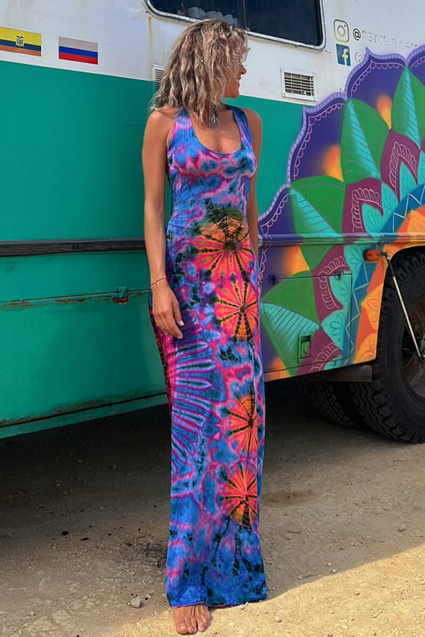 Junaria™ - Robe maxi avec imprimé tie-dye, lacée à l'arrière, extensible (avec soutien-gorge intégré)