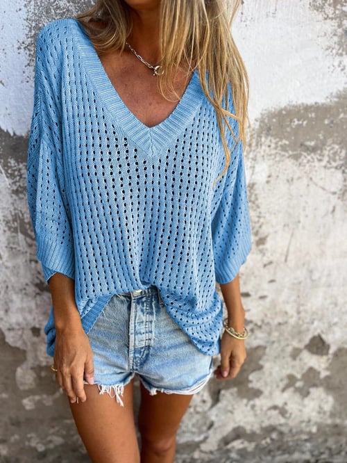 Delia™ - Top tricoté à col en V avec motif creux