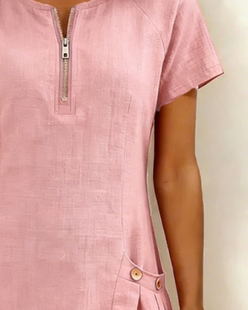 Kovira™ - Robe Courte Coton Lin avec Fermeture Éclair et Poches