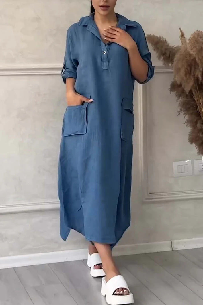 Leontine™ - Robe maxi femme en lin et coton avec revers