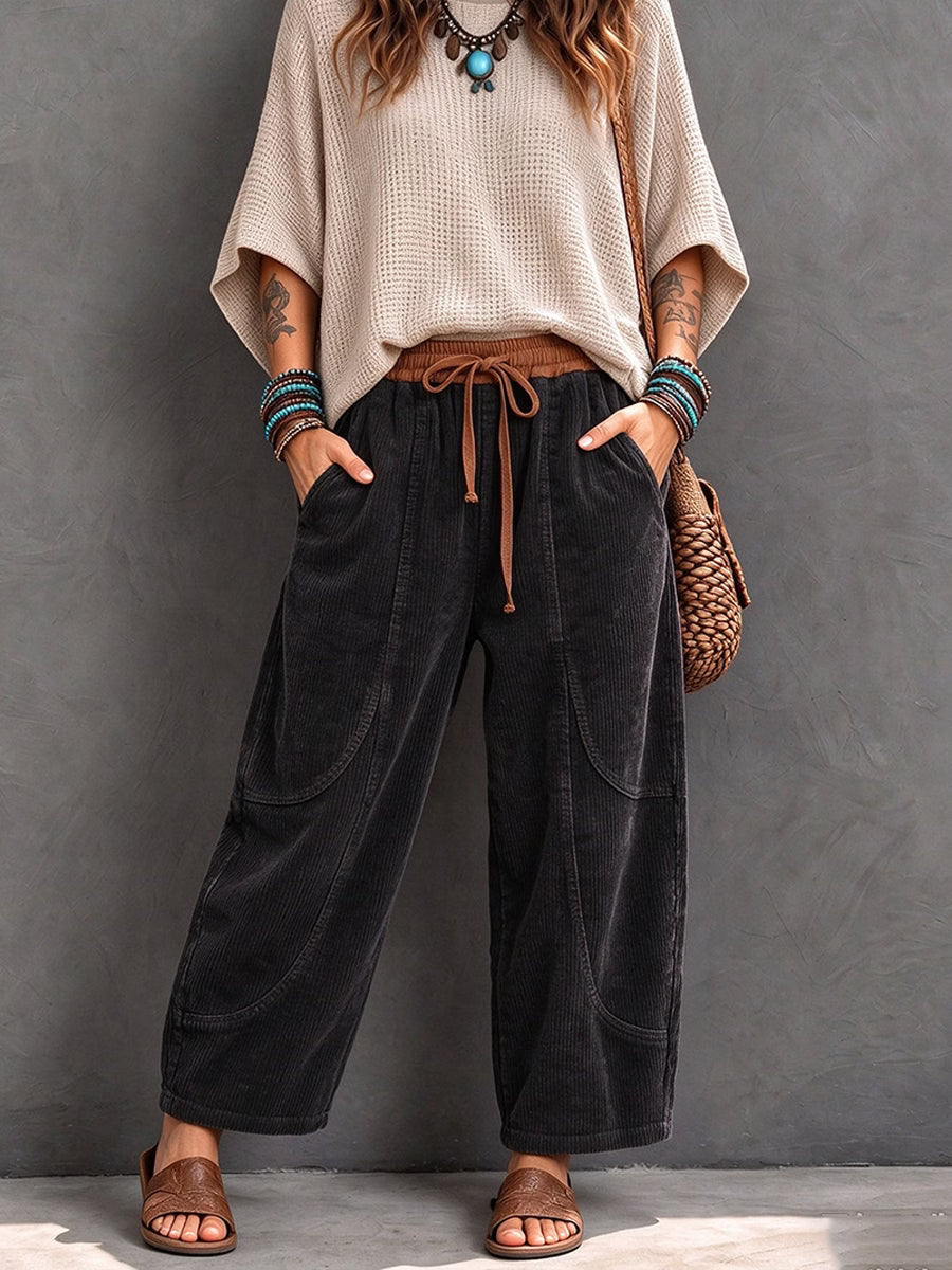 Sientje - Pantalon harem femme en velours côtelé à taille élastique