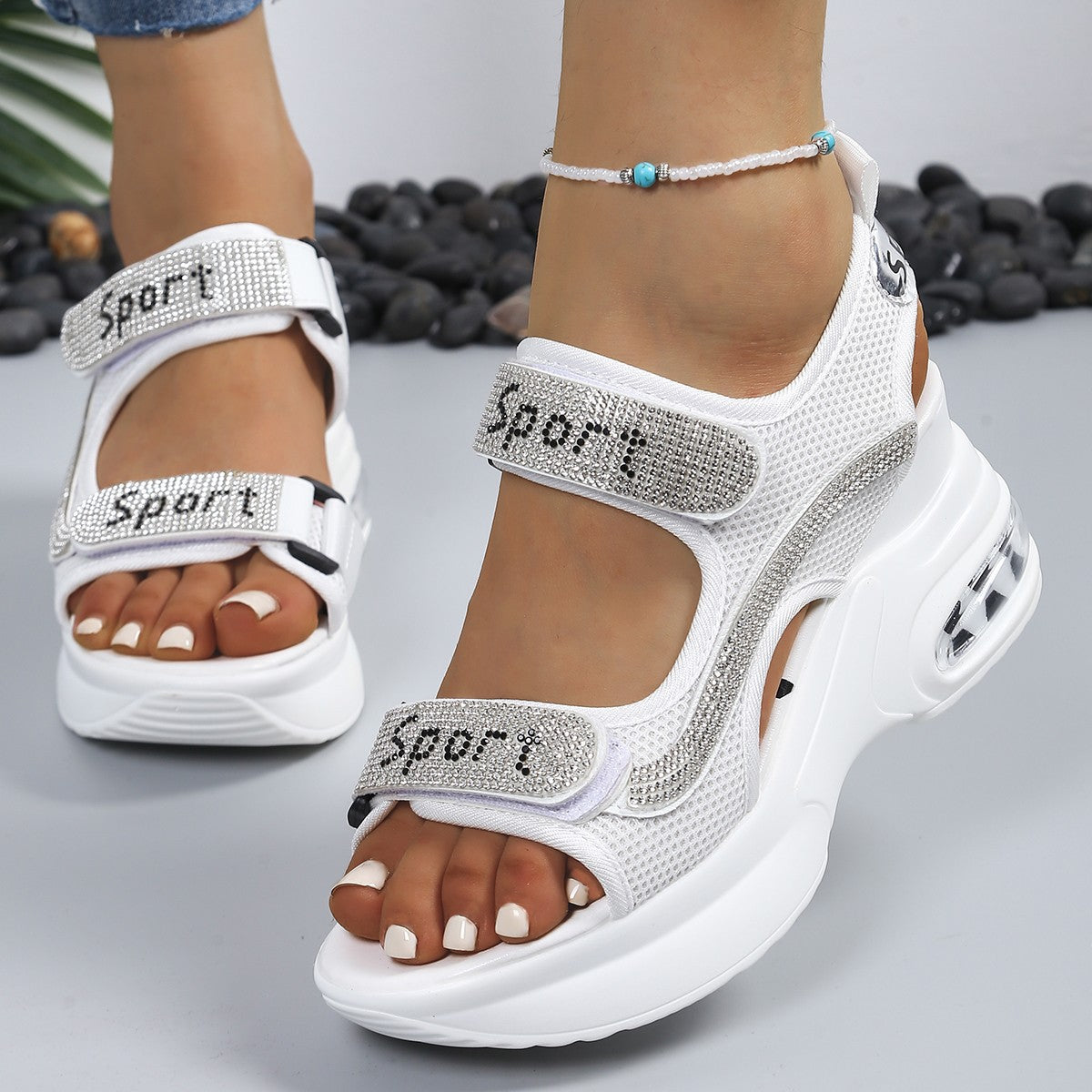 Calyvra™ - Sandales femme plateforme strass velcro semelle air sport