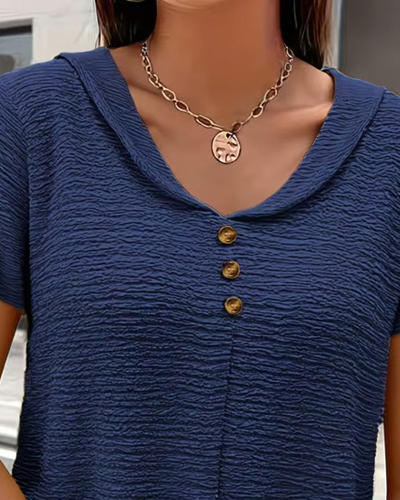 Syzelle™ - T-shirt femme col rond texturé manches courtes boutons décoratifs élégant