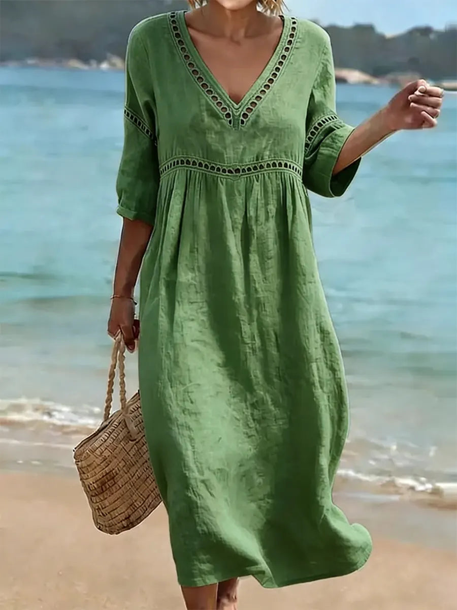 Rynoxa™ - Robe femme midi fluide col V manches larges style naturel élégant