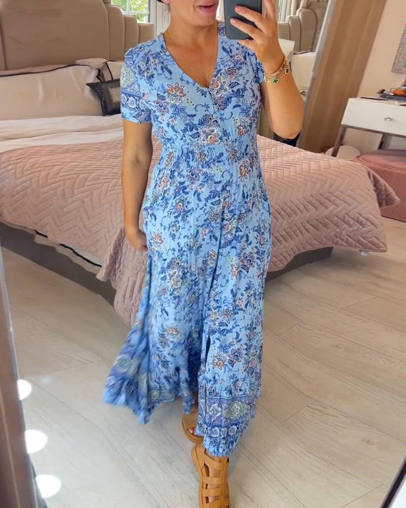 Denise™ - Robe Maxi à Imprimé Floral et Décolleté en V