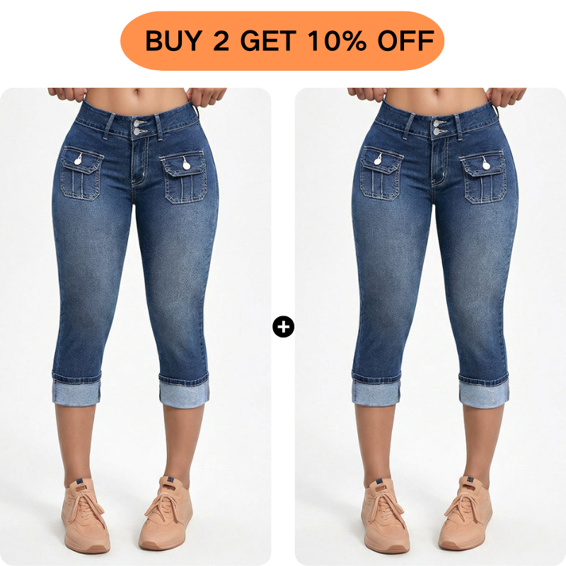 Tovixa™ - Pantalon Femme Capri Denim Stretch Coupe Ajustée Taille Mi Haute