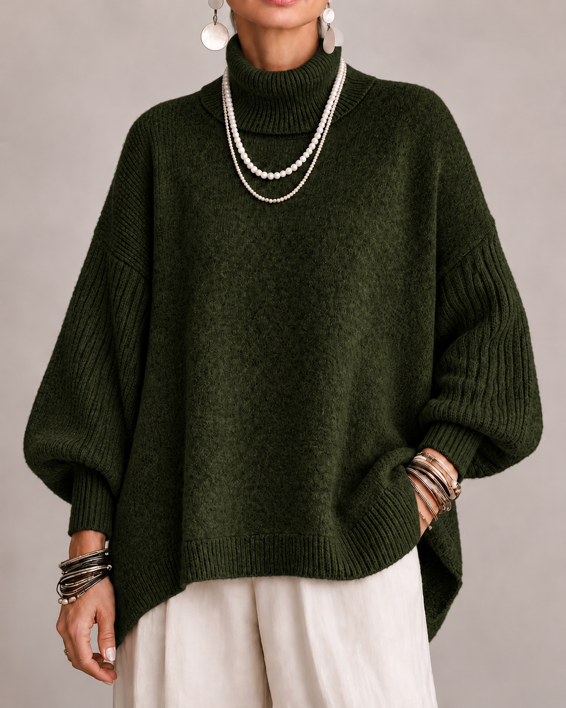 Olympe - Pull col roulé femme oversize à manches côtelées