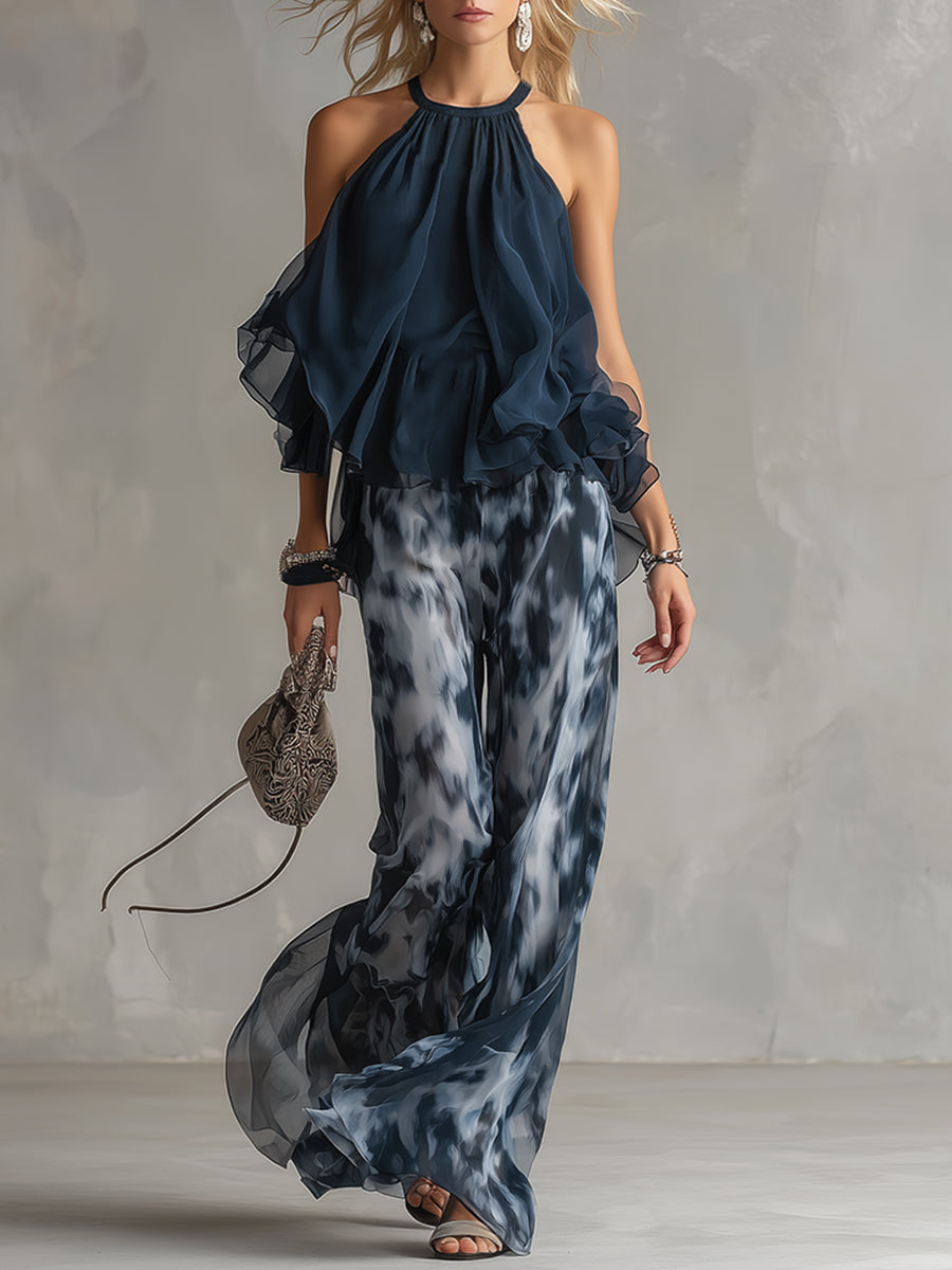 Pheronia™ - Ensemble femme deux pièces chiffon top col halter pantalon large imprimé