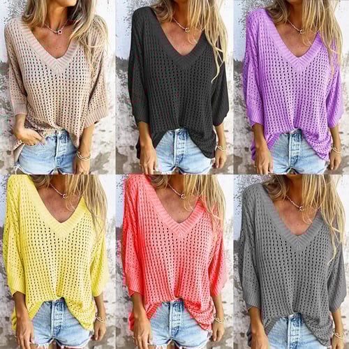 Delia™ - Top tricoté à col en V avec motif creux