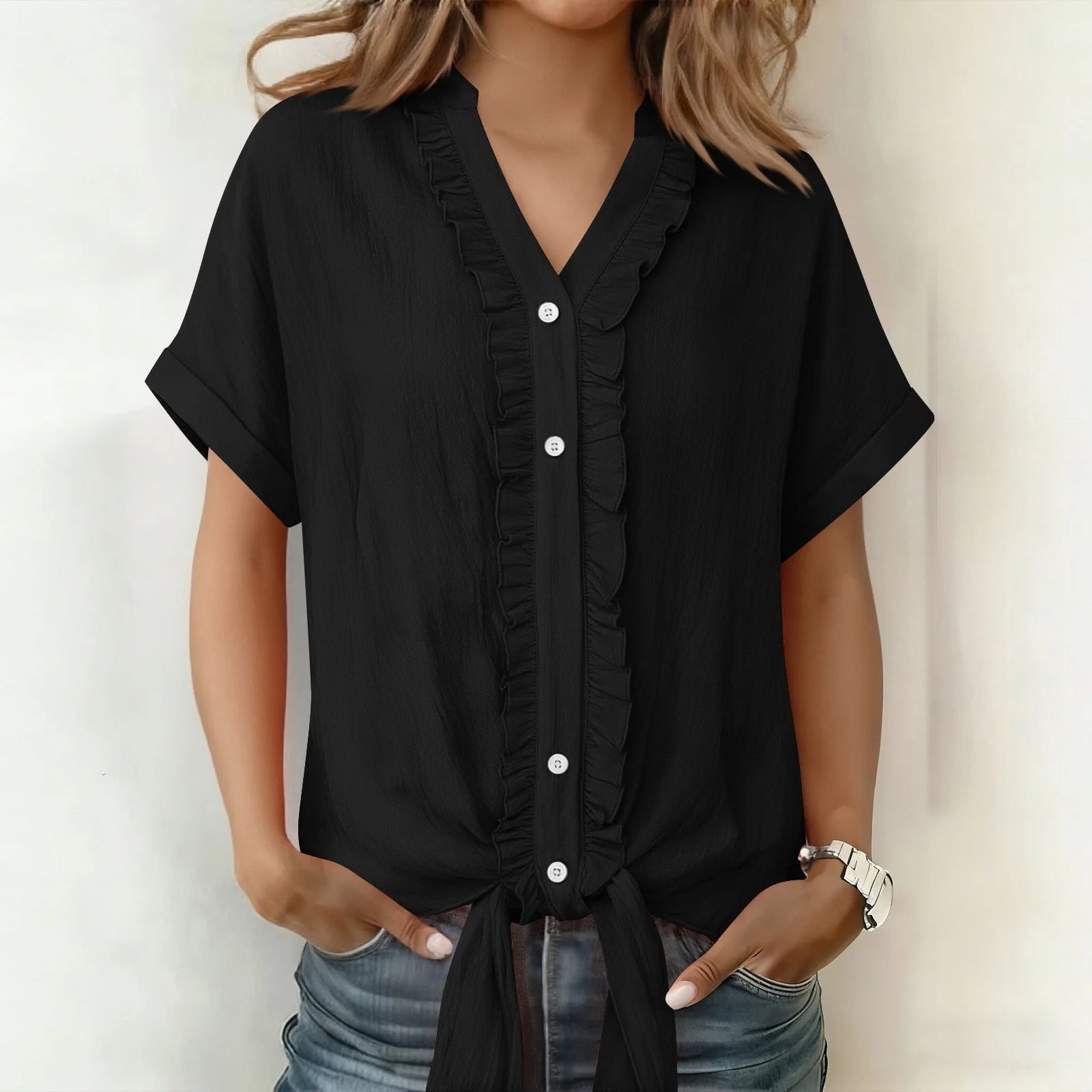 Kalyxa™ - Chemise femme coton col V manches courtes nouée été