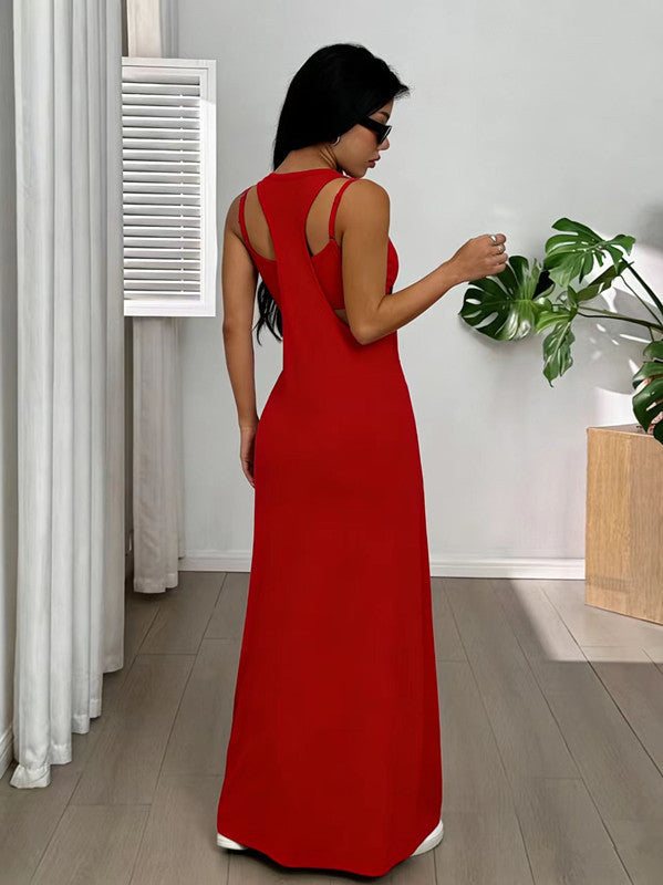 Dorissa - Robe longue femme effet deux pièces avec découpes latérales
