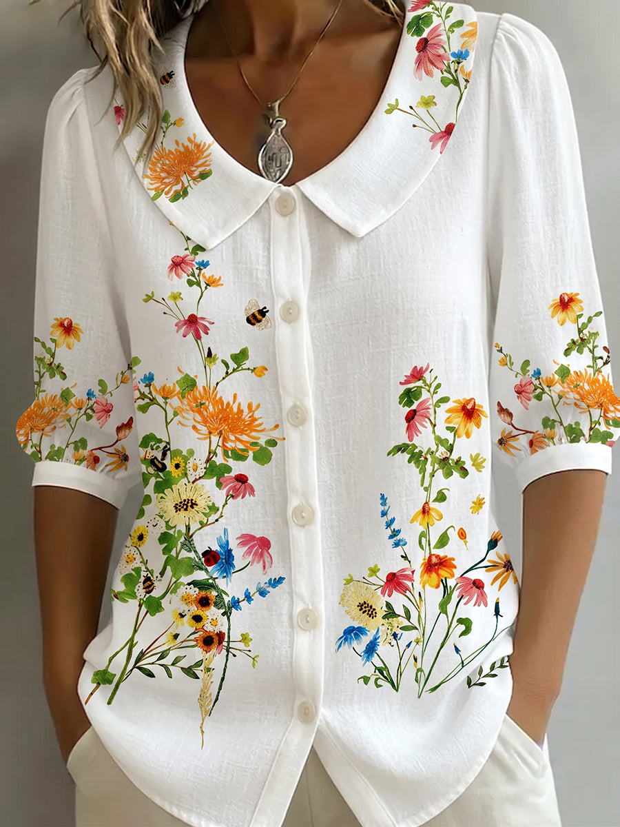 Mavessia™ - Chemise femme coton et lin imprimé floral artistique vintage