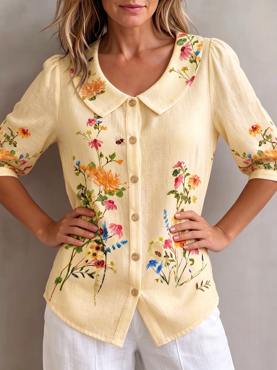 Mavessia™ - Chemise femme coton et lin imprimé floral artistique vintage